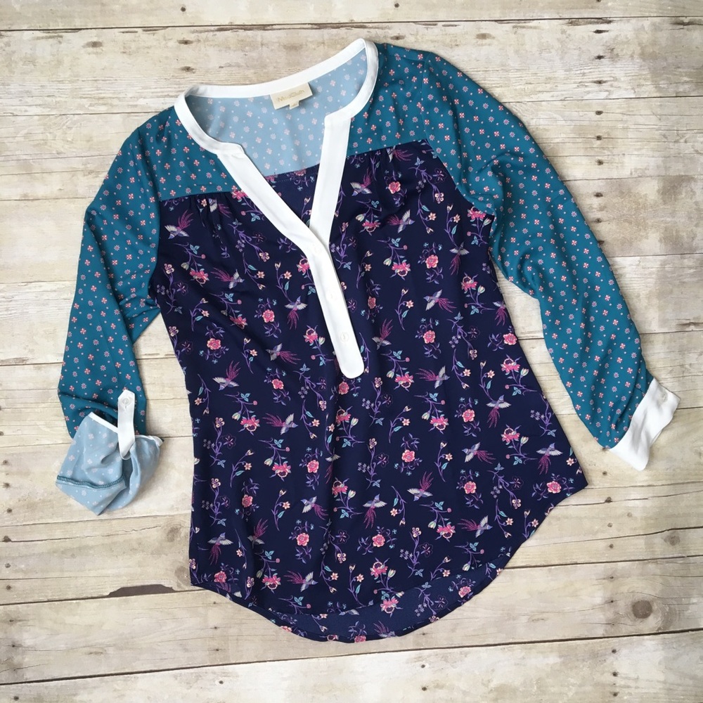ModCloth Vintage Floral Teal Purple 3/4 Sleeve Top